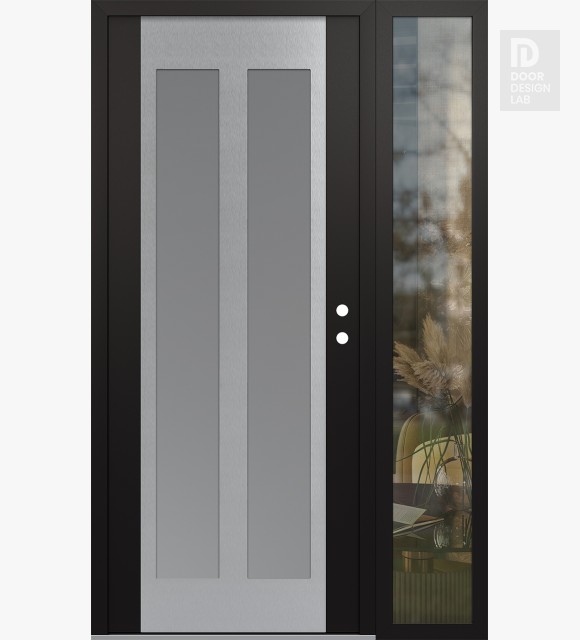 Modern Steel Front Door Diamond C14 52" x 80" black/white frosted Glass Panel stainless steel LHI with Sidelite clear Glass