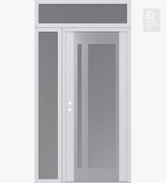 Modern Steel Front Door Diamond C15 50" x 96" white/white frosted Glass Panel stainless steel RHI with Sidelite and Transom frosted Glass