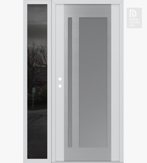 Modern Steel Front Door Diamond C15 50" x 80" white/white frosted Glass Panel stainless steel LHI with Sidelite mirrored Glass