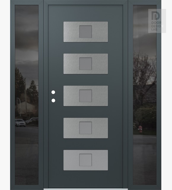 Modern Steel Front Door Diamond D8 68" x 80" anthracite/anthracite frosted Glass Panel stainless steel RHI with 2 Sidelites mirrored Glass