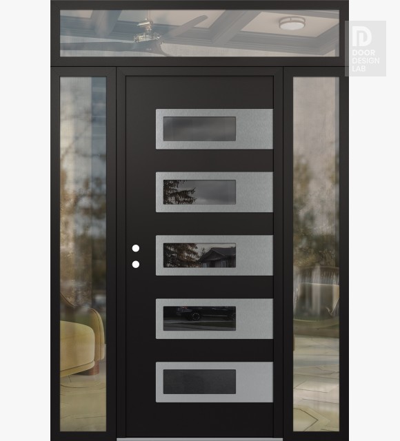 Modern Steel Front Door Diamond D3 68" x 96" black/black mirrored Glass Panel stainless steel RHI with 2 Sidelites and Transom clear Glass