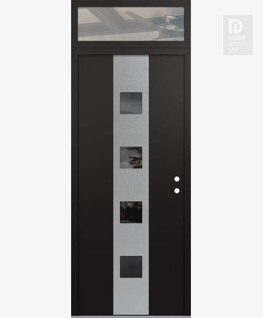 Modern Steel Front Door DIAMOND A12 36" X 96" BLACK/BLACK MIRRORED GLASS PANEL STAINLESS STEEL LHI WITH TRANSOM CLEAR GLASS