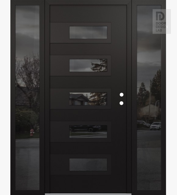 Modern Steel Front Door Diamond D3 68" x 80" black/black mirrored Glass Panel black LHI with 2 Sidelites mirrored Glass