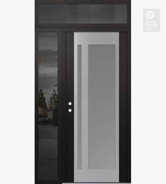 Modern Steel Front Door Diamond C15 48" x 96" black/white frosted Glass Panel stainless steel RHI with Sidelite and Transom mirrored Glass