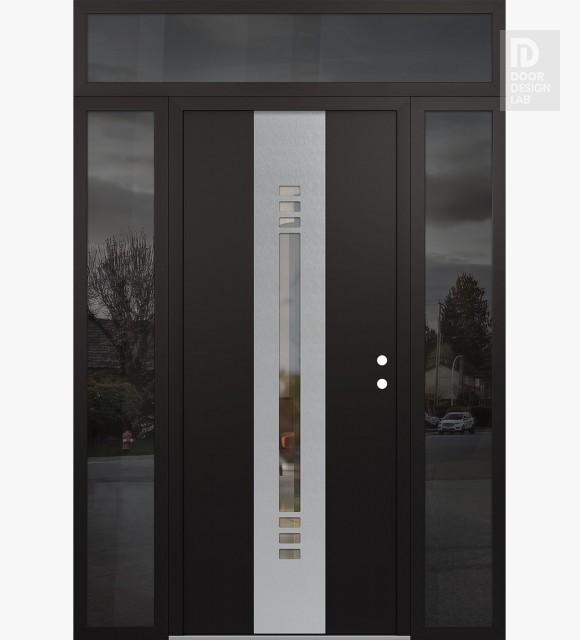 Modern Steel Front Door DIAMOND A5 68" X 96" BLACK/BLACK CLEAR GLASS PANEL STAINLESS STEEL LHI WITH 2 SIDELITES AND TRANSOM MIRRORED GLASS