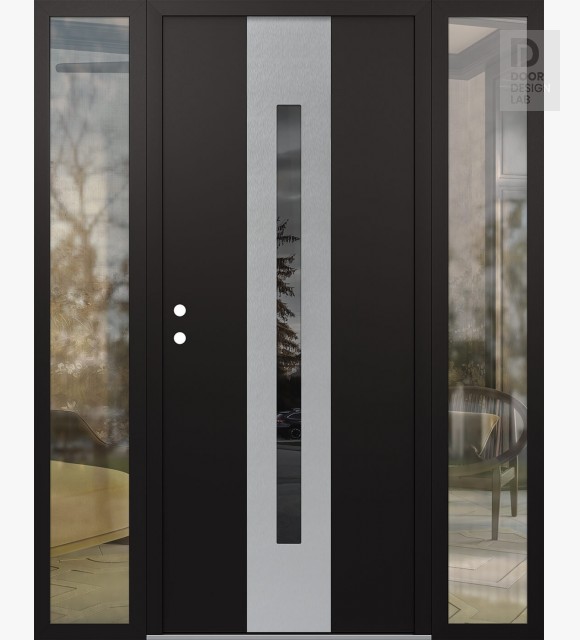 Modern Steel Front Door DIAMOND A2 64" X 80" BLACK/BLACK MIRRORED GLASS PANEL STAINLESS STEEL RHI WITH 2 SIDELITES CLEAR GLASS