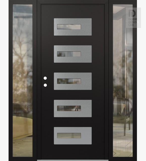 Modern Steel Front Door Diamond D6 68" x 80" black/black clear Glass Panel stainless steel RHI with 2 Sidelites clear Glass