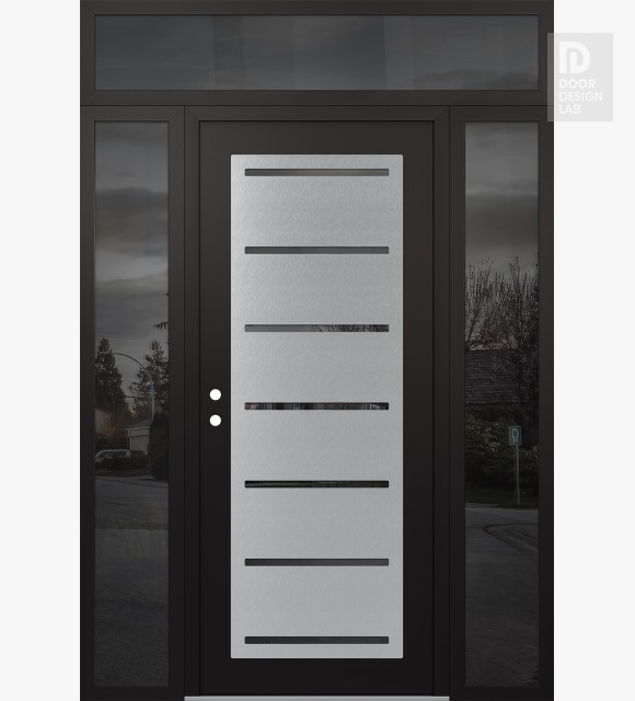 Modern Steel Front Door Diamond C11 64" x 96" black/black mirrored Glass Panel stainless steel RHI with 2 Sidelites and Transom mirrored Glass