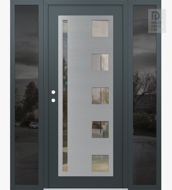 Modern Steel Front Door Diamond C3 60" x 80" anthracite/anthracite clear Glass Panel stainless steel RHI with 2 Sidelites mirrored Glass
