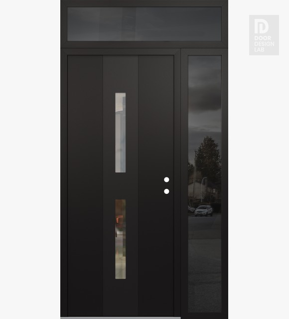 Modern Steel Front Door DIAMOND A6 50" X 96" BLACK/BLACK CLEAR GLASS PANEL BLACK LHI WITH SIDELITE AND TRANSOM MIRRORED GLASS