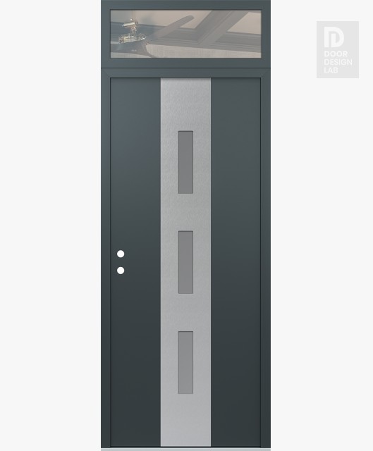Modern Steel Front Door DIAMOND A7 36" X 96" ANTHRACITE/ANTHRACITE FROSTED GLASS PANEL STAINLESS STEEL RHI WITH TRANSOM CLEAR GLASS