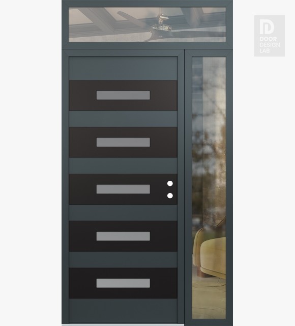 Modern Steel Front Door Diamond D9 50" x 96" anthracite/anthracite frosted Glass Panel black LHI with Sidelite and Transom clear Glass