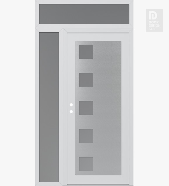 Modern Steel Front Door Diamond C5 50" x 96" white/white frosted Glass Panel stainless steel RHI with Sidelite and Transom frosted Glass
