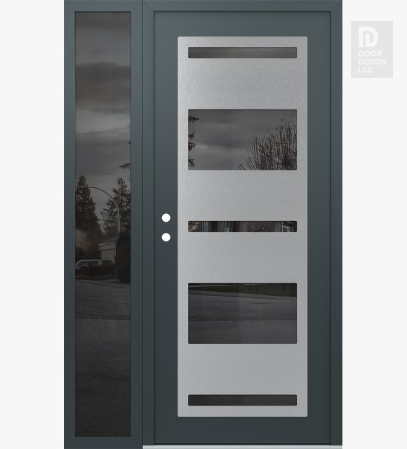 Modern Steel Front Door Diamond C10 48" x 80" anthracite/anthracite mirrored Glass Panel stainless steel RHI with Sidelite mirrored Glass