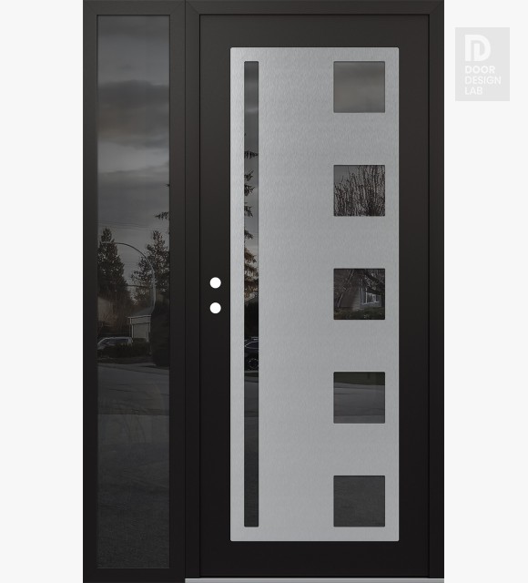 Modern Steel Front Door Diamond C3 52" x 80" black/black mirrored Glass Panel stainless steel RHI with Sidelite mirrored Glass