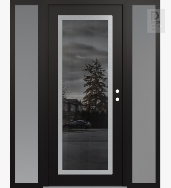 Modern Steel Front Door Diamond C1 68" x 80" black/black mirrored Glass Panel stainless steel LHI with 2 Sidelites frosted Glass