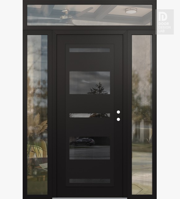 Modern Steel Front Door Diamond C10 60" x 96" black/black mirrored Glass Panel black LHI with 2 Sidelites and Transom clear Glass