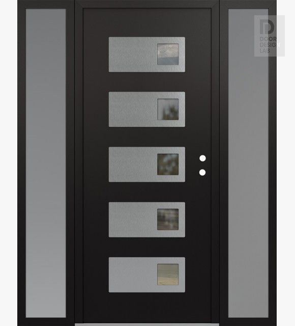 Modern Steel Front Door Diamond D2 68" x 80" black/black clear Glass Panel stainless steel LHI with 2 Sidelites frosted Glass