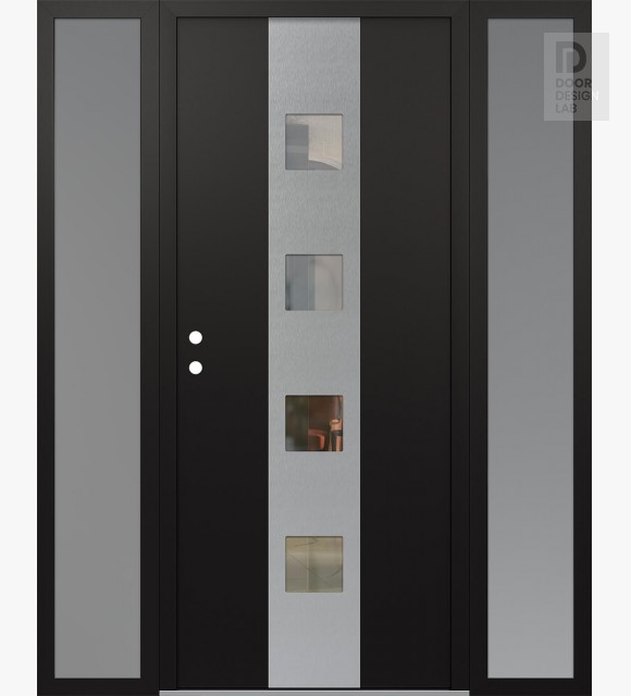 Modern Steel Front Door DIAMOND A12 64" X 80" BLACK/BLACK CLEAR GLASS PANEL STAINLESS STEEL RHI WITH 2 SIDELITES FROSTED GLASS