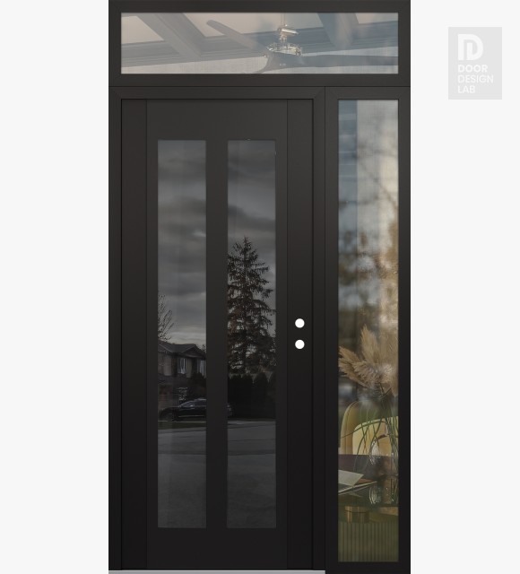 Modern Steel Front Door Diamond C14 50" x 96" black/black mirrored Glass Panel black LHI with Sidelite and Transom clear Glass