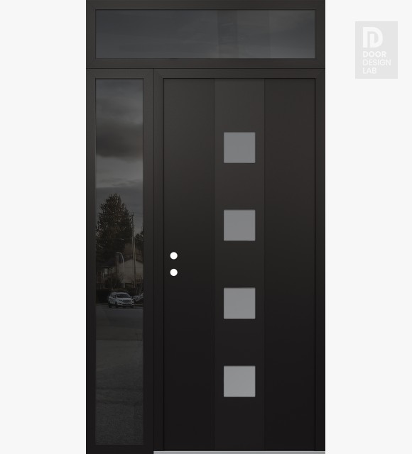Modern Steel Front Door DIAMOND A12 50" X 96" BLACK/WHITE FROSTED GLASS PANEL BLACK RHI WITH SIDELITE AND TRANSOM MIRRORED GLASS