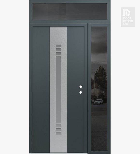 Modern Steel Front Door DIAMOND A5 52" X 96" ANTHRACITE/ANTHRACITE FROSTED GLASS PANEL STAINLESS STEEL LHI WITH SIDELITE AND TRANSOM MIRRORED GLASS