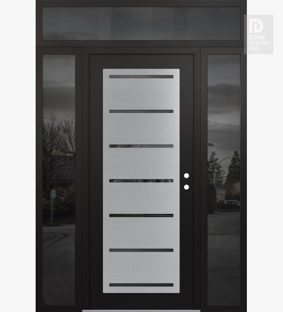 Modern Steel Front Door Diamond C11 68" x 96" black/black mirrored Glass Panel stainless steel LHI with 2 Sidelites and Transom mirrored Glass