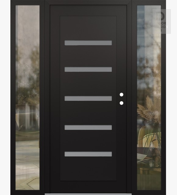 Modern Steel Front Door Diamond C7 64" x 80" black/white frosted Glass Panel black LHI with 2 Sidelites clear Glass