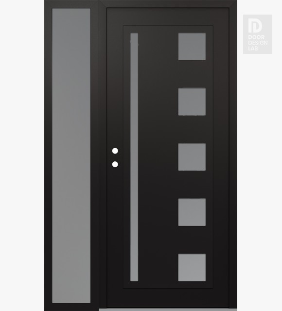 Modern Steel Front Door Diamond C3 52" x 80" black/white frosted Glass Panel black RHI with Sidelite frosted Glass