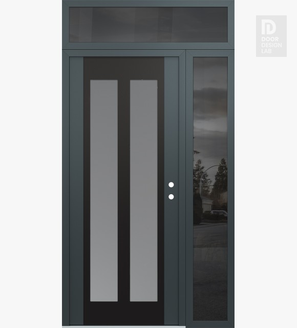 Modern Steel Front Door Diamond C14 48" x 96" anthracite/anthracite frosted Glass Panel black LHI with Sidelite and Transom mirrored Glass