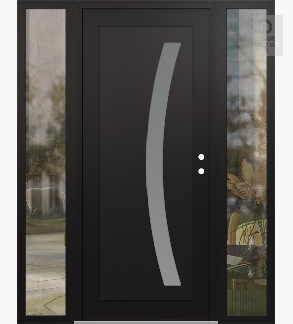 Modern Steel Front Door Diamond C4 64" x 80" black/white frosted Glass Panel black LHI with 2 Sidelites clear Glass
