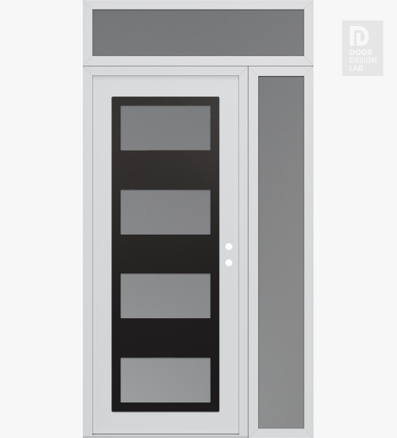 Modern Steel Front Door Diamond C2 48" x 96" white/white frosted Glass Panel black LHI with Sidelite and Transom frosted Glass