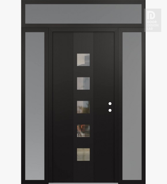 Modern Steel Front Door DIAMOND A13 64" X 96" BLACK/BLACK CLEAR GLASS PANEL BLACK LHI WITH 2 SIDELITES AND TRANSOM FROSTED GLASS
