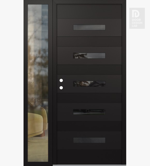 Modern Steel Front Door Diamond D9 48" x 80" black/black mirrored Glass Panel black RHI with Sidelite clear Glass