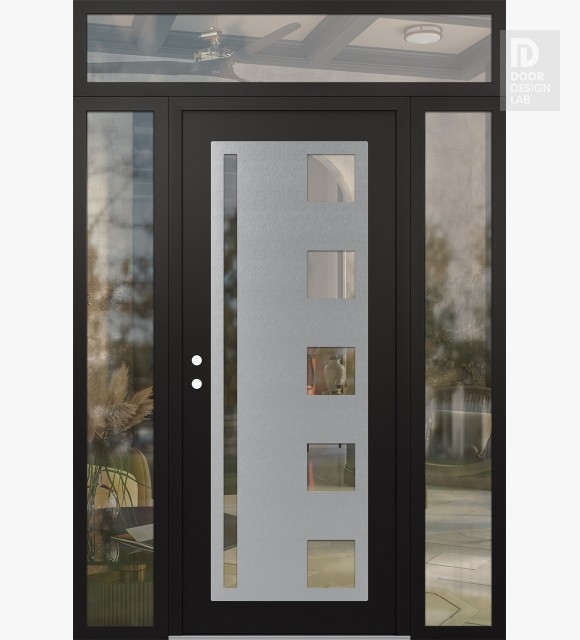 Modern Steel Front Door Diamond C3 64" x 96" black/black clear Glass Panel stainless steel RHI with 2 Sidelites and Transom clear Glass