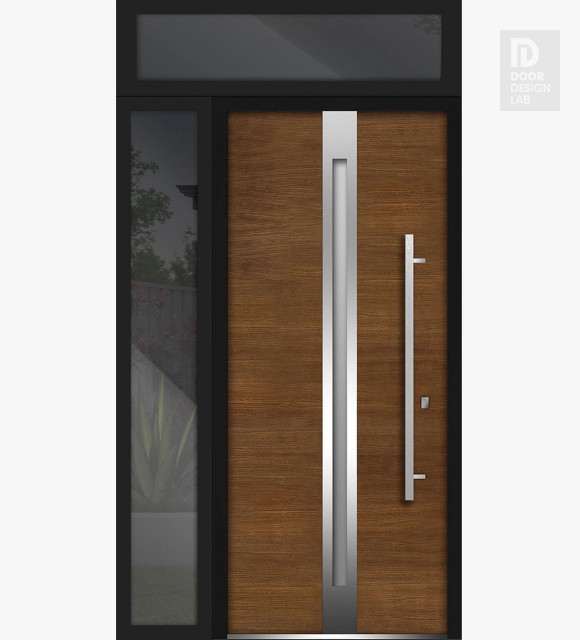 Front Exterior Prehung Steel Door / Deux 1744 Natural Oak / Side and Top Exterior Black Window / Stainless Inserts Single Modern Painted-W36+14" x H80+16"-Left-hand Inswing