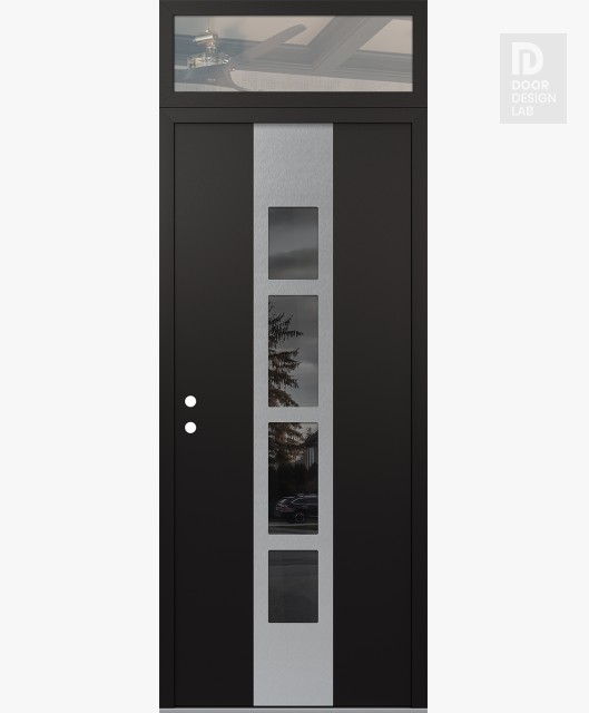 Modern Steel Front Door DIAMOND A10 36" X 96" BLACK/BLACK MIRRORED GLASS PANEL STAINLESS STEEL RHI WITH TRANSOM CLEAR GLASS