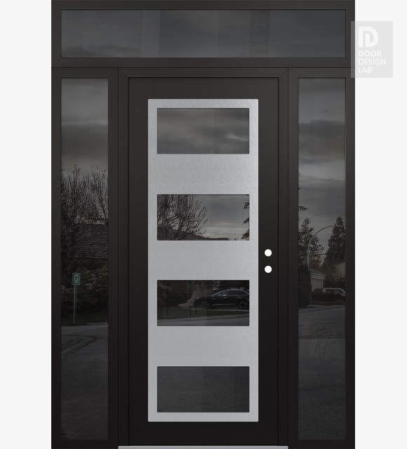 Modern Steel Front Door Diamond C2 64" x 96" black/black mirrored Glass Panel stainless steel LHI with 2 Sidelites and Transom mirrored Glass