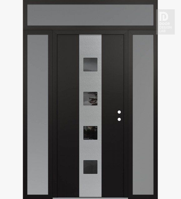 Modern Steel Front Door DIAMOND A12 60" X 96" BLACK/BLACK MIRRORED GLASS PANEL STAINLESS STEEL LHI WITH 2 SIDELITES AND TRANSOM FROSTED GLASS