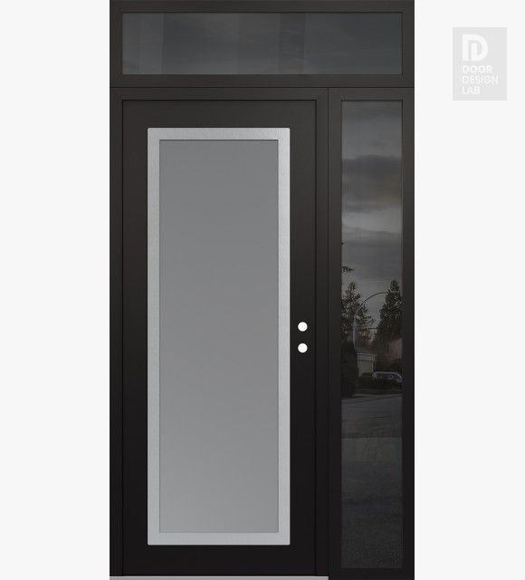 Modern Steel Front Door Diamond C1 52" x 96" black/white frosted Glass Panel stainless steel LHI with Sidelite and Transom mirrored Glass