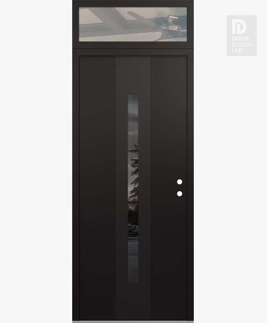 Modern Steel Front Door DIAMOND A2 36" X 96" BLACK/BLACK MIRRORED GLASS PANEL BLACK LHI WITH TRANSOM CLEAR GLASS