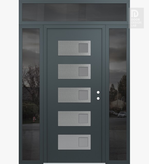Modern Steel Front Door Diamond D2 60" x 96" anthracite/anthracite frosted Glass Panel stainless steel LHI with 2 Sidelites and Transom mirrored Glass