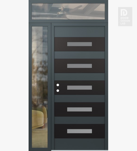 Modern Steel Front Door Diamond D9 52" x 96" anthracite/anthracite frosted Glass Panel black RHI with Sidelite and Transom clear Glass