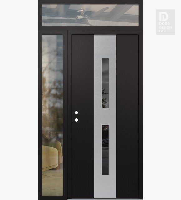 Modern Steel Front Door DIAMOND A6 50" X 96" BLACK/BLACK MIRRORED GLASS PANEL STAINLESS STEEL RHI WITH SIDELITE AND TRANSOM CLEAR GLASS