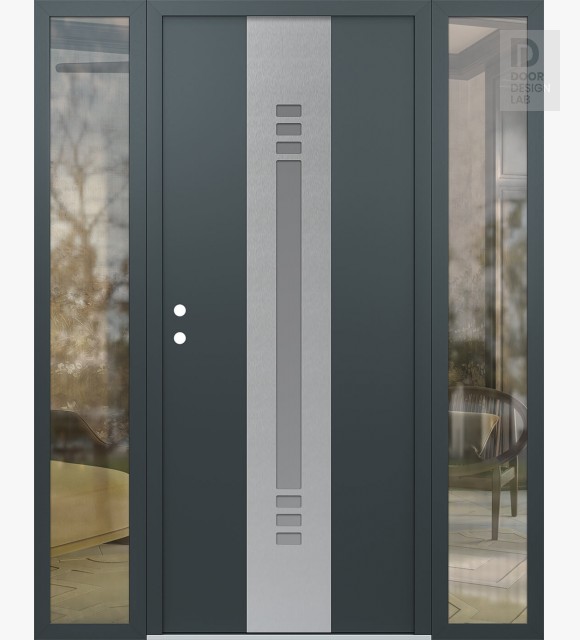 Modern Steel Front Door DIAMOND A5 68" X 80" ANTHRACITE/ANTHRACITE FROSTED GLASS PANEL STAINLESS STEEL RHI WITH 2 SIDELITES CLEAR GLASS