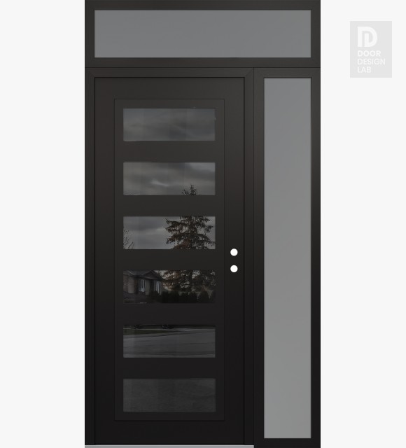 Modern Steel Front Door Diamond C9 48" x 96" black/black mirrored Glass Panel black LHI with Sidelite and Transom frosted Glass