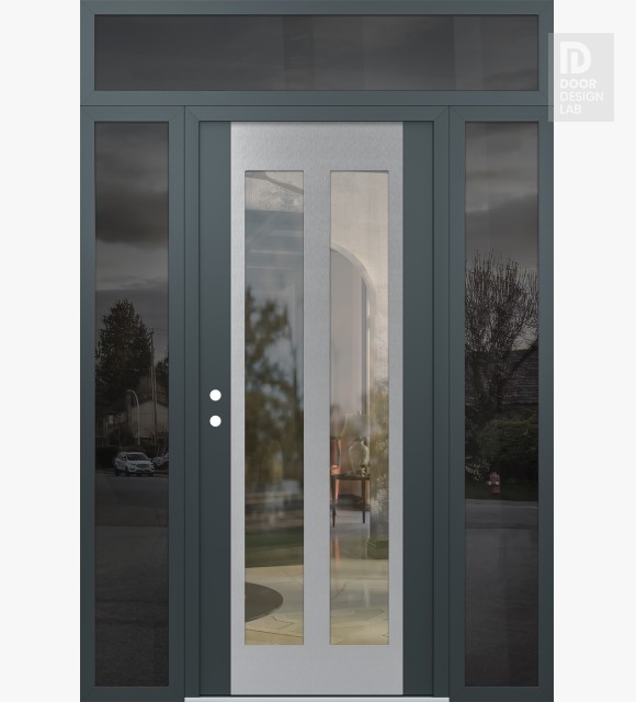 Modern Steel Front Door Diamond C14 60" x 96" anthracite/anthracite clear Glass Panel stainless steel RHI with 2 Sidelites and Transom mirrored Glass