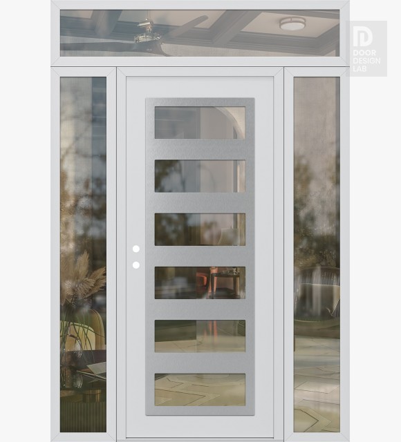 Modern Steel Front Door Diamond C9 64" x 96" white/white clear Glass Panel stainless steel RHI with 2 Sidelites and Transom clear Glass