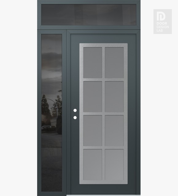 Modern Steel Front Door Diamond C16 52" x 96" anthracite/anthracite frosted Glass Panel stainless steel RHI with Sidelite and Transom mirrored Glass