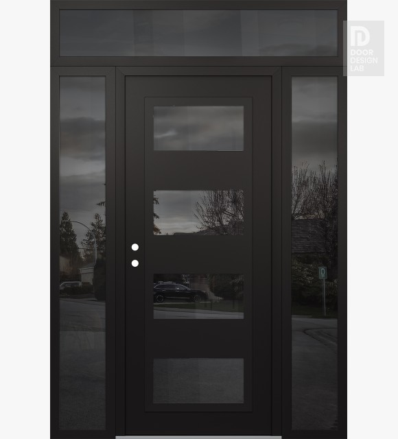 Modern Steel Front Door Diamond C2 68" x 96" black/black mirrored Glass Panel black RHI with 2 Sidelites and Transom mirrored Glass